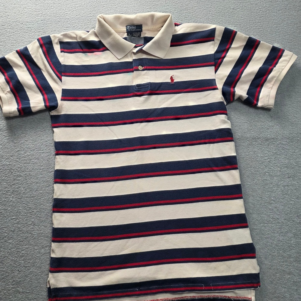Polo Ralph Lauren Boys XL 20 Striped Polo Shirt‎ Navy Blue Red Cream Cotton Pony